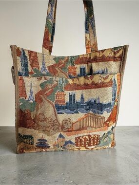 Vtg Y2K Tapestry World Landmarks Tote Bag | Rare Retro Flip Phone Pocket